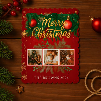 Modern Elegant Red Gold Christmas Family Photo Julkort