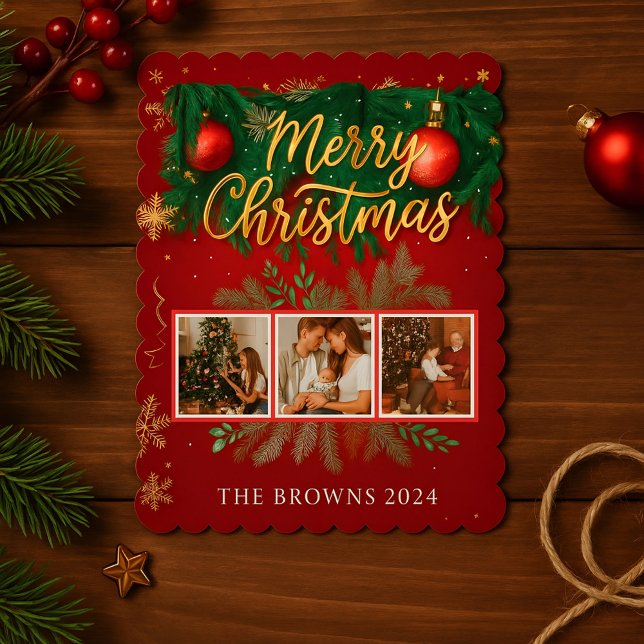 Modern Elegant Red Gold Christmas Family Photo Julkort (Custom Family Photos For a Mary Christmas 🎁🎄)