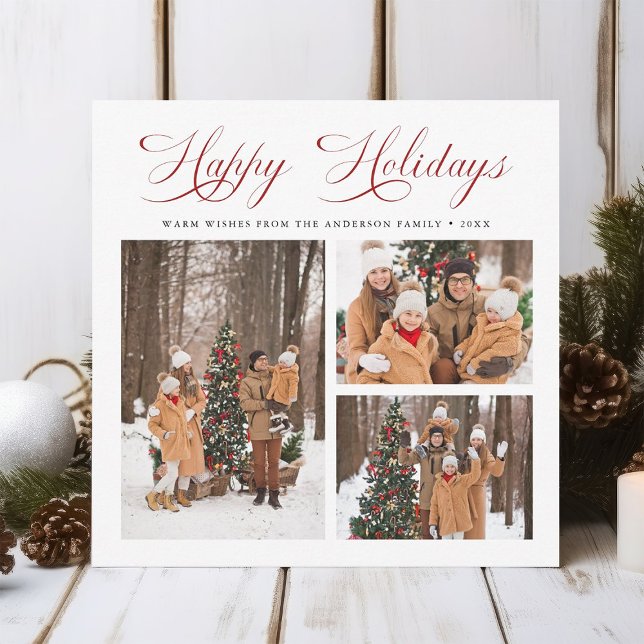 Modern Elegant Red Script Glad helg 3 Photo Julkort (Skapare uppladdad)