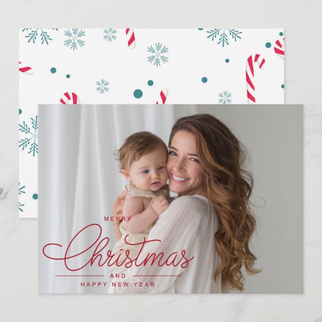 Modern Elegant Red Script Photo Merry Christmas Julkort (Fram/baksida)