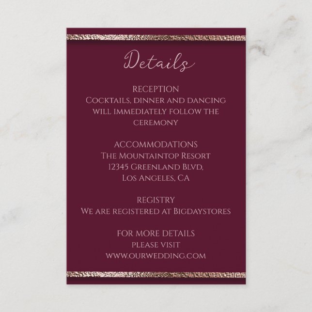 Modern Elegant Ro Guld Glitter och Burgundy Tilläggskort (Framsida)