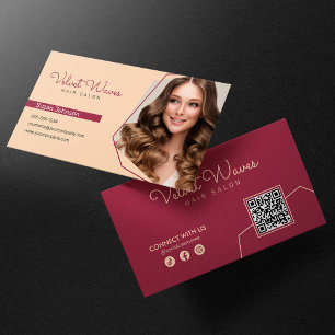 Modern Elegant Röd Frisör Makeup QR-kod Visitkort