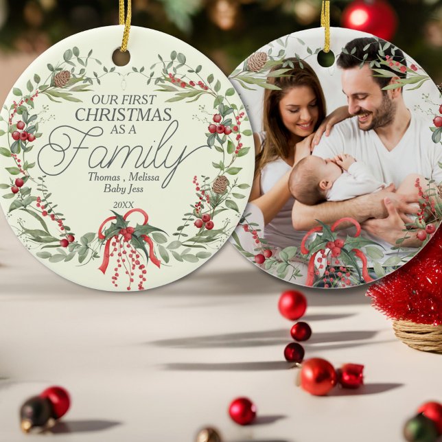 Modern Elegant Röd Grönt Juldagen Blommigt andedrä Julgransprydnad Keramik (Skapare uppladdad)