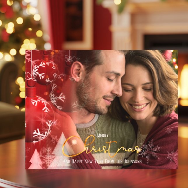Modern Elegant Romantic Couple Red Guld jul Julkort (Skapare uppladdad)