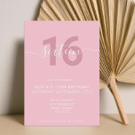 Modern Elegant Rosa 16:e födelsedagsinbjudan Inbjudningar<br><div class="desc">Modern flickvänliga rosa 16:e födelsedagsinbjudan. Mall för minimalistisk 16-årsinbjudan med elegantens calligraphy-handskrivna skriptteckensnitt.</div>