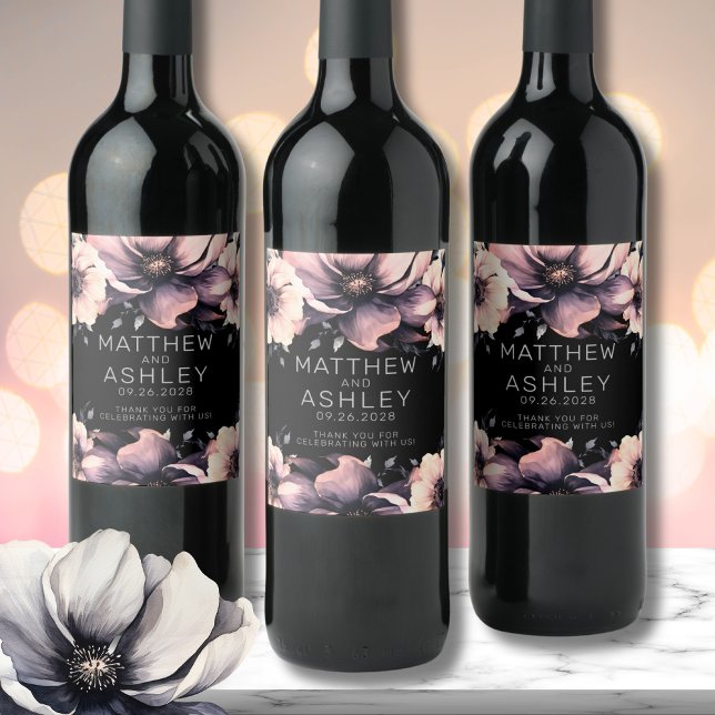 Modern Elegant Rosa Black Blommigt Bröllop Vinflaska Etikett (Unique Modern Elegant Floral Pink Black Wedding Wine Label)