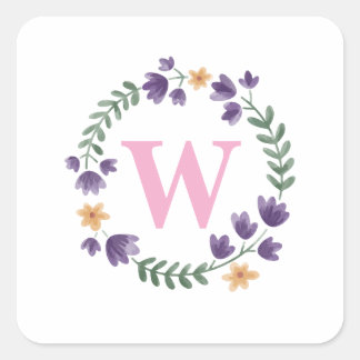 Modern Elegant Rosa Blommig Initialt Namn Monogram Fyrkantigt Klistermärke