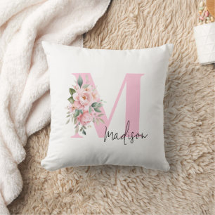 Modern Elegant Rosa Blommigt Initial Namn Monogram Kudde