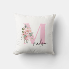 Modern Elegant Rosa Blommigt Initial Namn Monogram Kudde