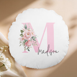 Modern Elegant Rosa Blommigt Initial Namn Monogram Rund Kudde