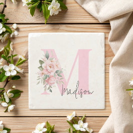 Modern Elegant Rosa Blommigt Initial Namn Monogram Stenunderlägg