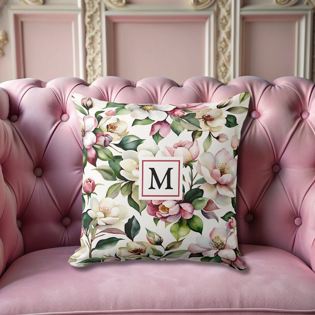modern elegant rosa blommor Monogrammed feminin Kudde (Skapare uppladdad)