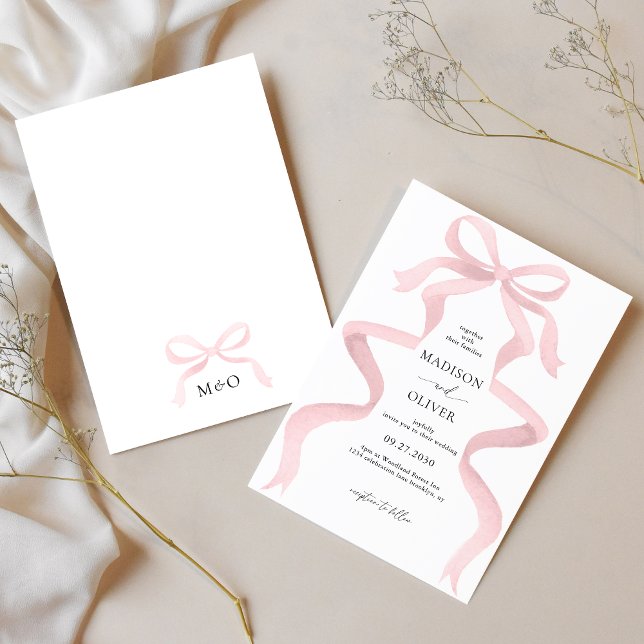 Modern Elegant  Rosa Bow Monogram Bröllop Inbjudningar (Skapare uppladdad)