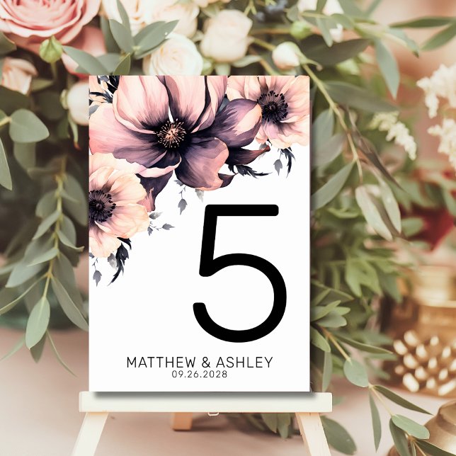 Modern Elegant Rosa Bröllop med Blommor Bordsnummer (Modern Elegant Floral Blush Pink Wedding Table Number)