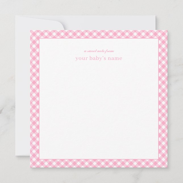 Modern Elegant Rosa Gingham Baby Nursery Note Card Anteckningskort (Framsida)