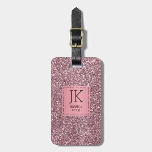 Modern Elegant Rosa Glitter Monogrammed Namn Bagagebricka (Vertikal Framsida)
