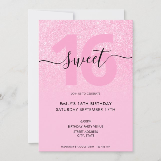 Modern Elegant  Rosa Glitter Sweet 16 Inbjudningar (Framsida)