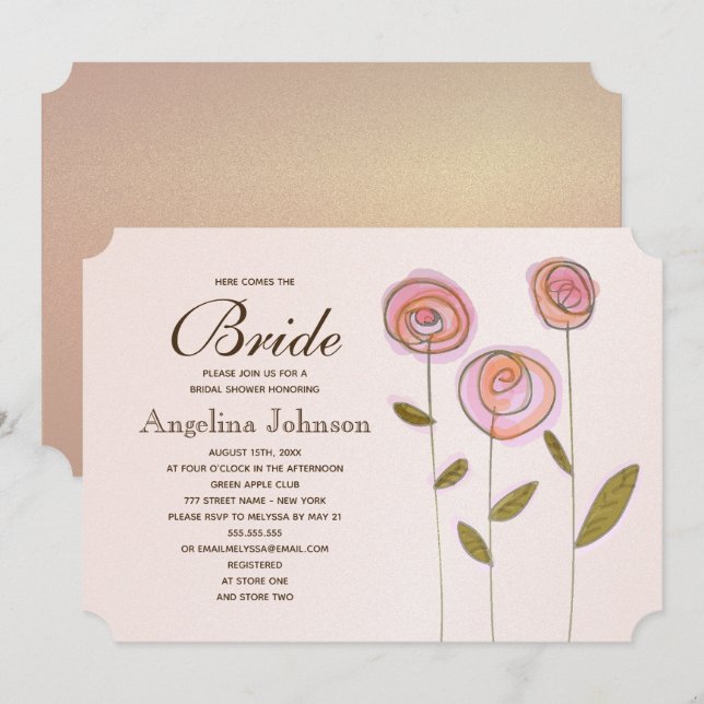 Modern Elegant Rosa Guld Blommig Bröllopsfest Inbjudningar (Fram/baksida)