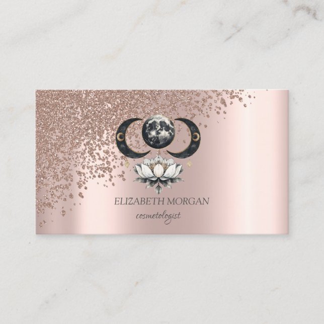 Modern Elegant Rosa Guld Diamanter Lotus Måne Visitkort (Framsida)