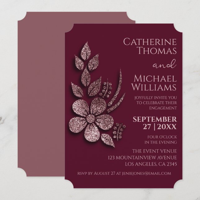 Modern Elegant Rosa Guld Glitter Blommig & Burgund Inbjudningar (Fram/baksida)