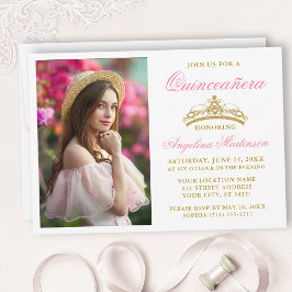 Modern Elegant Rosa Guld Krona Photo Quinceanera Inbjudningar