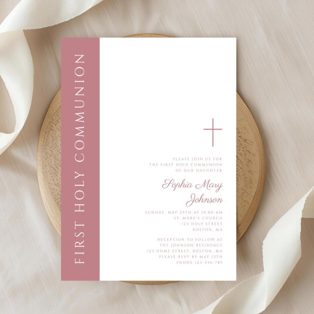 Modern Elegant Rosa Kor Girl First Communion Inbjudningar (Modern Elegant Pink Cross Girl First Communion Invitation)