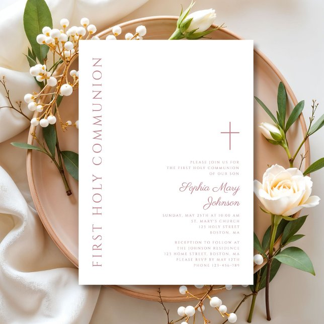 Modern Elegant Rosa Kor Girl First Communion Inbjudningar (Modern Elegant Pink Cross Girl First Communion Invitation)