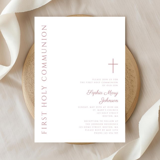Modern Elegant Rosa Kor Girl First Communion Inbjudningar (Modern Elegant Pink Cross Girl First Communion Invitation)