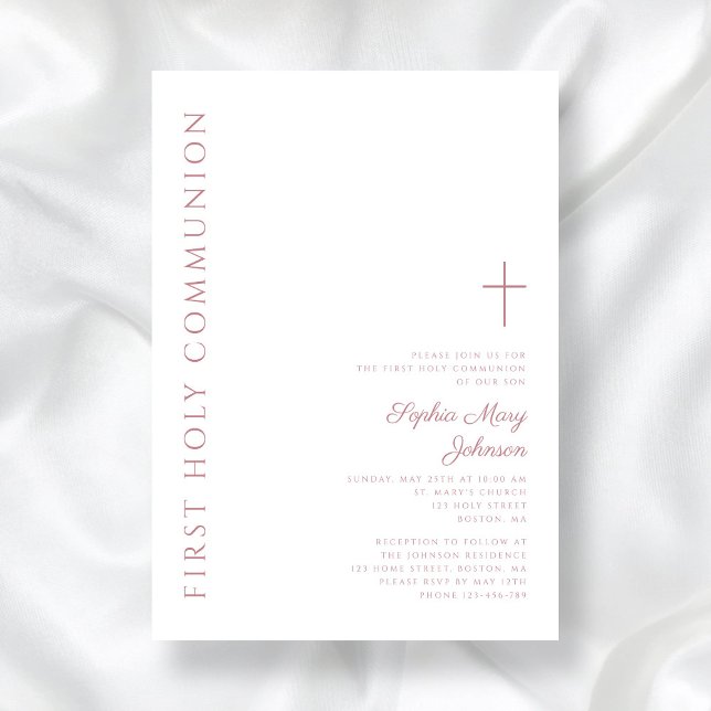 Modern Elegant Rosa Kor Girl First Communion Inbjudningar (Modern Elegant Pink Cross Girl First Holy Communion Invitation)