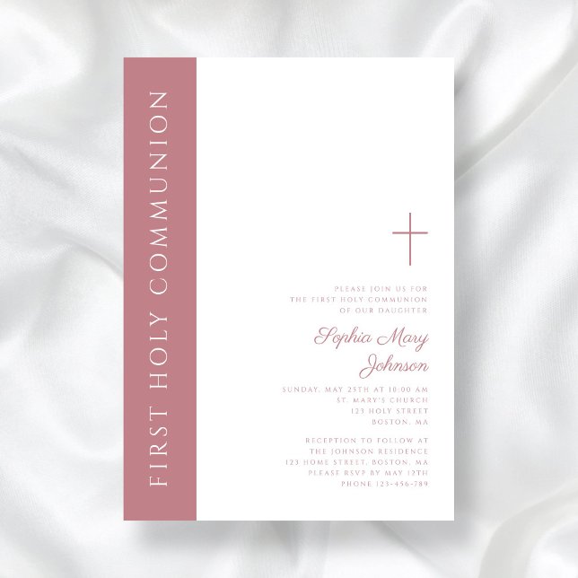 Modern Elegant Rosa Kor Girl First Communion Inbjudningar (Modern Elegant Pink Cross Girl First Communion Invitation)