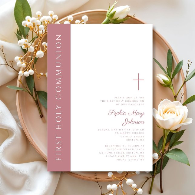 Modern Elegant Rosa Kors Flicka Första Nattvarden Inbjudningar (Modern Elegant Pink Cross Girl First Communion Invitation)