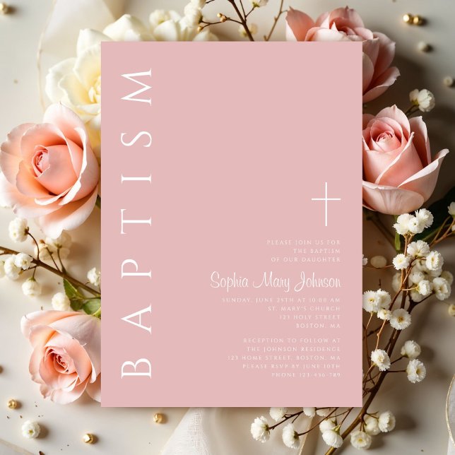 Modern Elegant Rosa Kors för Flicka Dop Inbjudningar (Modern Elegant Blush Pink Cross Girl Baptism Invitation)