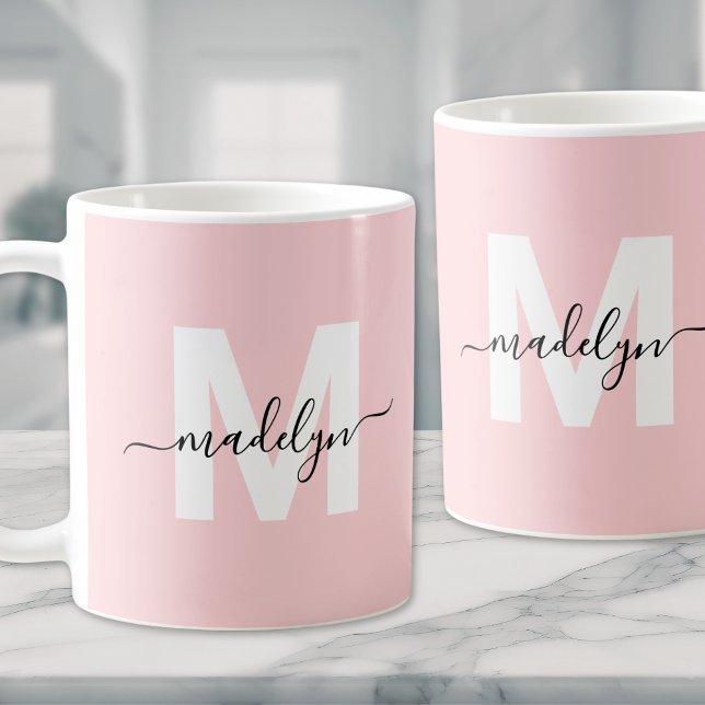Modern Elegant  Rosa Monogram Kaffemugg (Modern Elegant Blush Pink Monogram Coffee Mug )