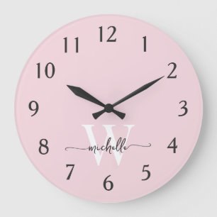 Modern Elegant Rosa Monogram Namn Skrift Stor Klocka