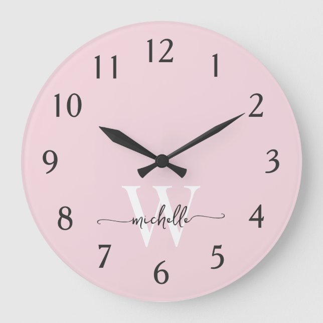 Modern Elegant Rosa Monogram Namn Skrift Stor Klocka (Framsida)