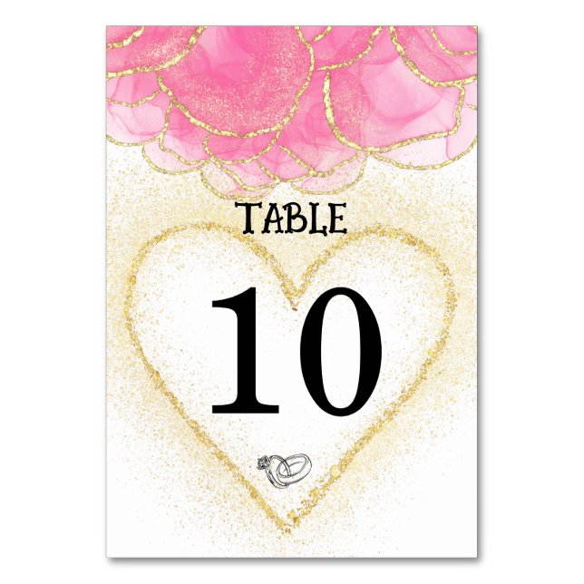 Modern Elegant Rosa och Guld Heart Bröllop Bordsnummer (Framsidan)