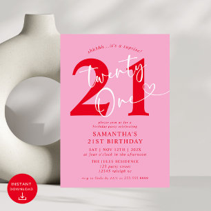 Modern Elegant Rosa Red 21:a födelsedagen Party Inbjudningar