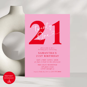 Modern Elegant Rosa Red 21:a födelsedagen Party Inbjudningar