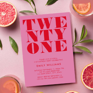Modern Elegant Rosa Red Bold 21:a födelsedag Inbjudningar