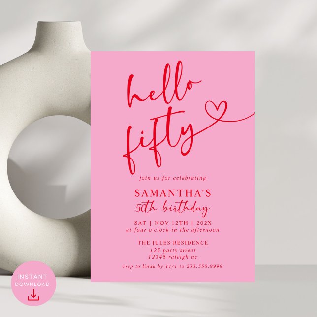 Modern Elegant Rosa Red Hej 50:e Födelsedagsfesten Inbjudningar (Skapare uppladdad)