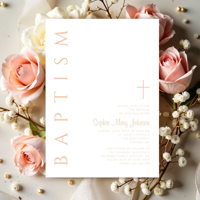 Modern Elegant Rosa Religiösa Kor Girl Girl Baptis Inbjudningar (Modern Elegant Pink Religious Cross Girl Baptism Invitation)