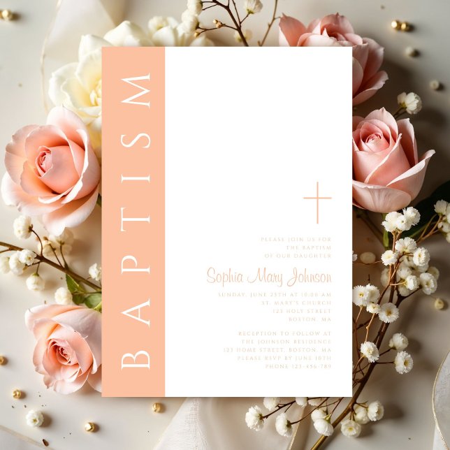 Modern Elegant Rosa Religiöst Kors Dop Inbjudningar (Modern Elegant Pink Religious Cross Baptism Invitation)