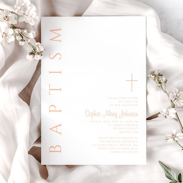 Modern Elegant Rosa Religiöst Kors Flickdop Inbjudningar (Modern Elegant Pink Religious Cross Girl Baptism Invitation)