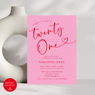 Modern Elegant Rosa Röd 21-års Födelsedagsfest Inbjudningar
