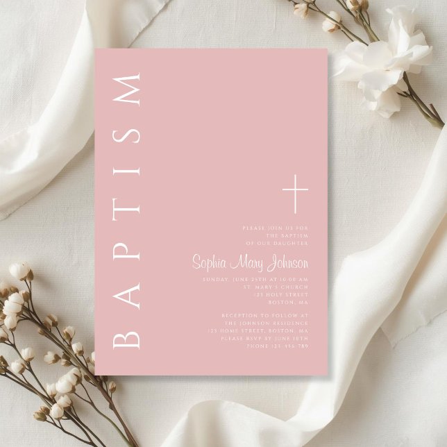 Modern Elegant Rosa Rosa Kors Flicka Dop Inbjudningar (Modern Elegant Blush Pink Cross Girl Baptism Invitation)