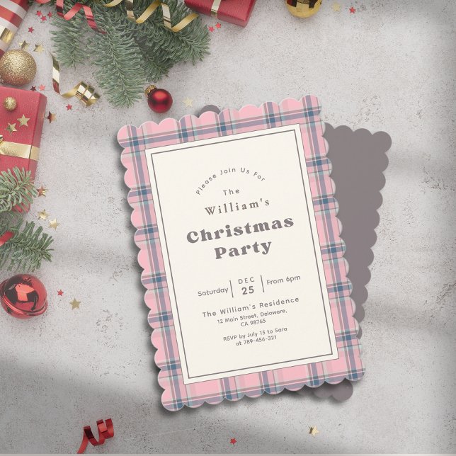 Modern Elegant Rosa Rutig Julfestfirande Inbjudningar (Modern Elegant Pink Plaid Christmas Party Invitation)