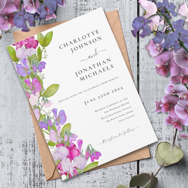 Modern Elegant Rosa, sommartid, Blommigt Bröllop Inbjudningar (Modern summer floral purple pink sweetpea wedding invitation )
