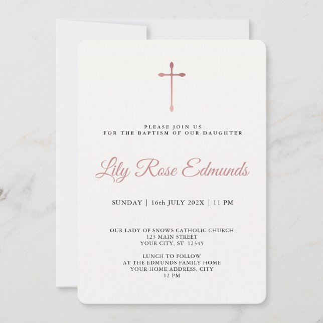 Modern Elegant Rose Gold & Blk Baptism  Inbjudningar (Framsida)