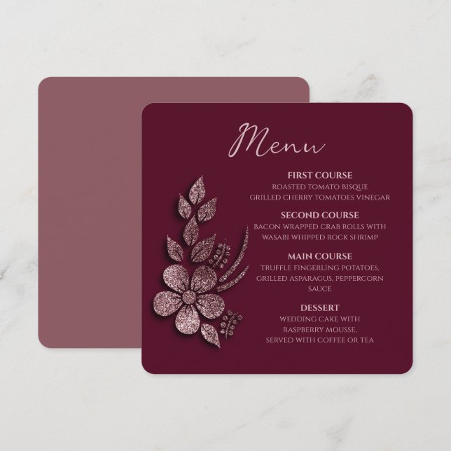 Modern Elegant Rose Gold Glitter Floral & Burgundy Meny (Fram/baksida)