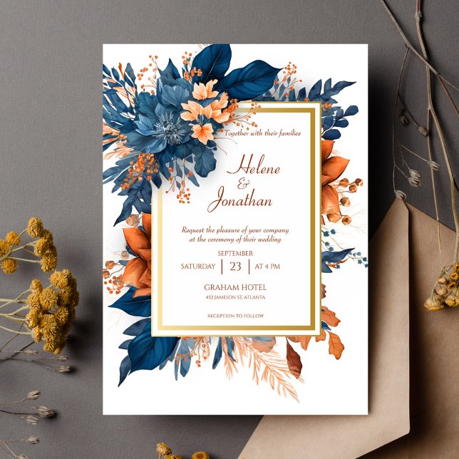 Modern Elegant, rost, vattenfärg, Blommigt Bröllop Inbjudningar (Modern Elegant Floral Boho Wedding Invitation)